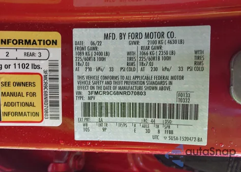 2022 Ford Bronco Sport Outer Banks from USA, damaged, VIN 3FMCR9C68NRD70803